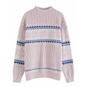 Fair Isle Nordic Sweater Cozy Christmas Snowflake Pink White Blue Women's Medium
